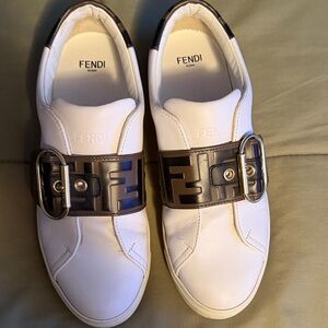 Fendi White Sneakers with Black Logo Buckle